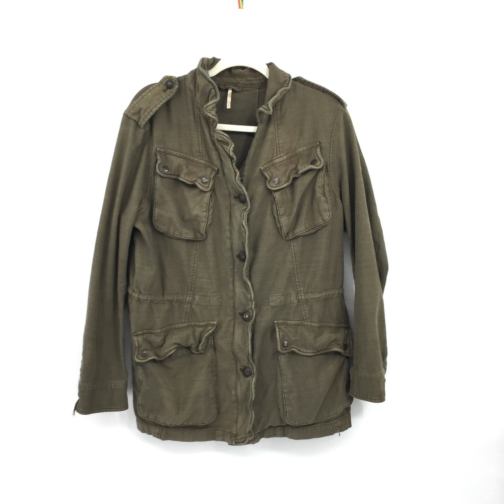 Free People Army Green military‎ Bomber Solider utility Jacket boho canvas M